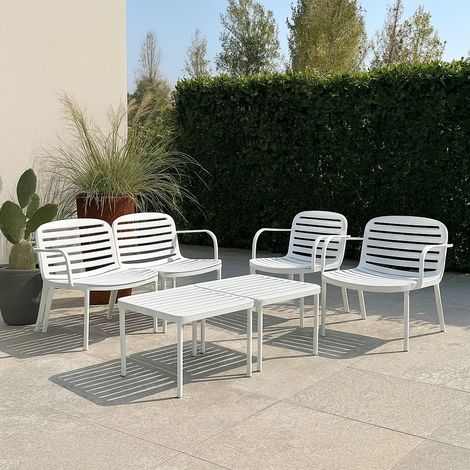 SET SALOTTO EROS IN RESINA BIANCO CON DIVANO 2 POSTI, 2 POLTRONE E 2 TAVOLI BASSI (1/5)