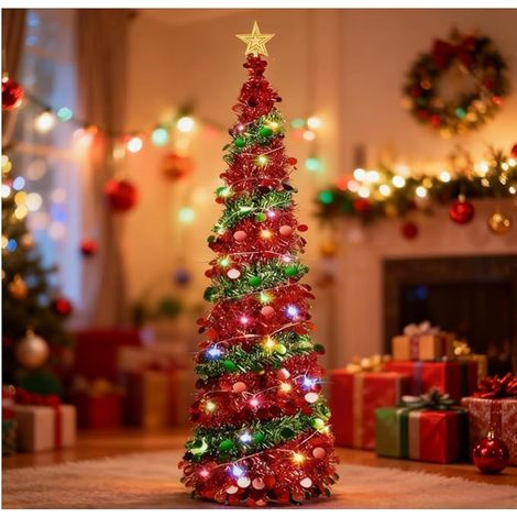 Décoration de Sapin de Noël Pliable à Paillettes pour Maison, Bureau, Magasin, décoration de Noël (Sapin de Noël Rouge et Vert) (1/5)
