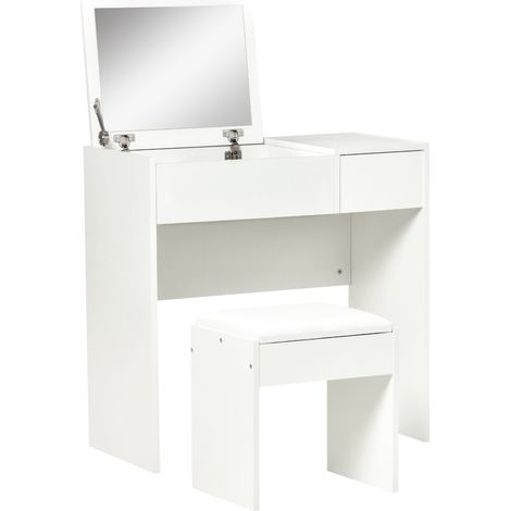 Toeletta Irovami con specchio pieghevole, toeletta moderna con sgabello, vano portaoggetti (4 scomparti), MDF bianco, 80 x 40 x 79 cm