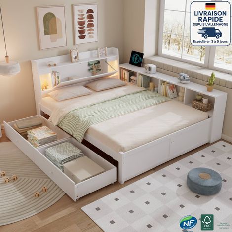 Cama con cajones 140x200cm - Canapé abatible - Cabecero con almacenaje + 2 lámparas, con toma de corriente, mueble lateral y cajón - Madera Certificada PEFC - Blanco (1/5)