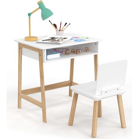 Idmarket – Ensemble bureau enfant avec niche – Bureau 55x40x55cm en MDF blanc et bois de pin – Chaise 32x31x50cm pour 3 à 7 ans