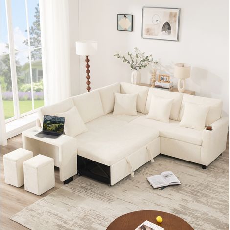 Canapé convertible d'angle 220 x 205 x 86,5 cm en chenille beige, rangement USB et USB-C - CHICFURN (1/5)