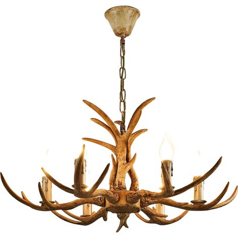 Lustre en bois de cerf, 6 supports de ampoules, hauteur réglable, style rétro (1/5)