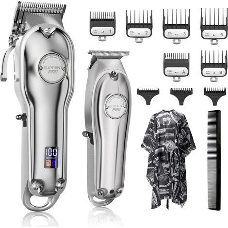 Men's Hair Clippers Hair Cutting Kit Zero Gap T-Blade Clipper Cordless Barber Trimmer Set with LED Screen-Silver (1/5)