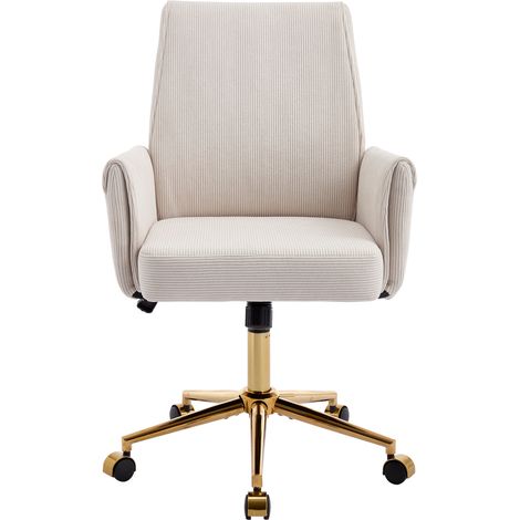 Silla giratoria de oficina regulable, tela acanalada blanca, base metálica dorada, con brazos (1/5)