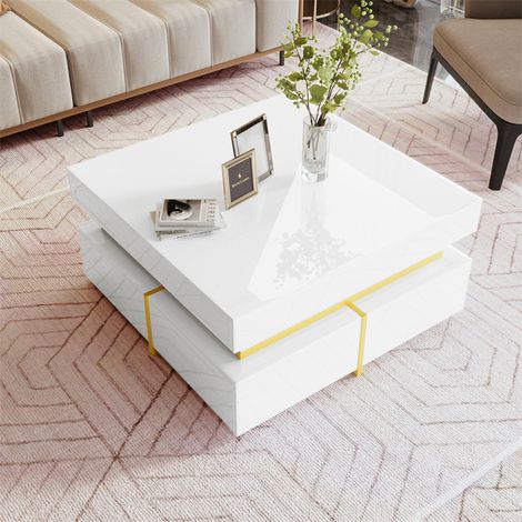 Fortuna Lai – Table basse carrée 70x70cm – Finition haute brillance blanche – Deux tiroirs de rangement – Accents dorés élégants – Design compact 35,5cm (1/5)