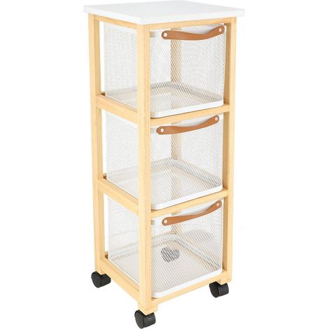 Meuble bois carre sur roulettes 3 paniers metal - blanc/naturel - Tendance (1/4)