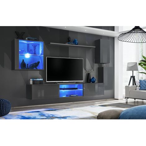 Ensemble meuble TV mural Switch XXIII - L 250 x P 40 x H 140 cm - Gris - Livraison gratuite