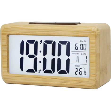 Réveil Numérique en Bois, Grand écran LED, Veilleuse à Capteur Intelligent, Fonction de Répétition et De Température, à Piles, Réveil Cuboïde pour Chambre, Chevet de Bureau (1/5)