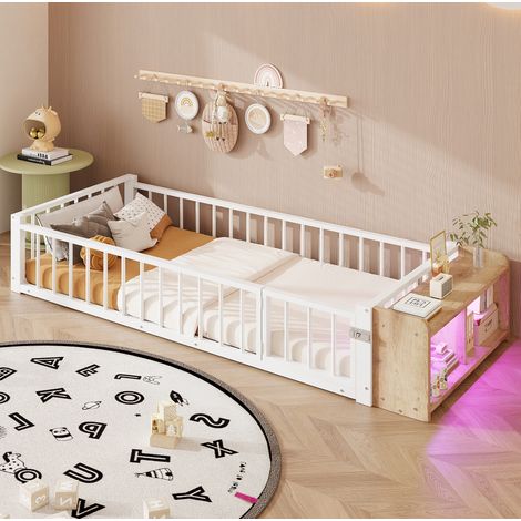 Cama individual 90x200 cm con almacenamiento abierto y LED, en metal, blanco, sin colchón (1/5)