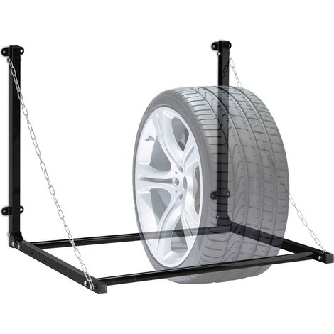 Relaxdays Scaffale Porta Gomme da Parete, per 4 Pneumatici, Supporto da Muro Pieghevole fino a 90 Kg, Acciaio, Nero