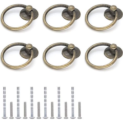 Set aus 6 antiken Schubladengriffen im Ringstil aus Messing, Vintage-Möbelgriffe, Metallknöpfe für Kommoden und Schränke.