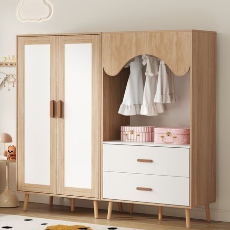 Kinder-Kleiderschrank aus MDF in Weiß/Natur, 2-teiliges Set mit Kleiderstange, 2 Schubladen, 160 x 46 x 141,5 cm