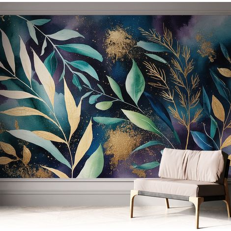 Papier peint autocollant décoratif à motifs pour salon chambre et bureau Tapete adhésif pour décoration Feuilles botaniques 312x219 cm (1/5)