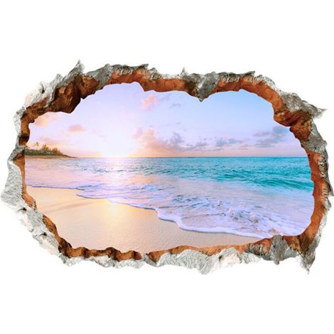 3D Stickers muraux ÎLE DE VACANCES (60x40 cm) I autocollant sticker mural paysage plage mer océan palmier I Déco pour salon chambre cuisine couloir porte entrée adulte (1/4)