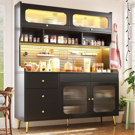 Buffet haut 145x39x171 cm MDF, métal et verre noir, LED App, gain de place pour cuisine – MEUBLIV (1/5)