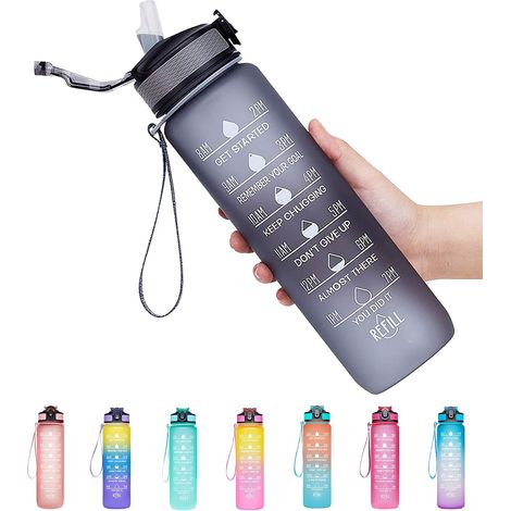 Botella de agua potable a prueba de fugas de 946 ml (32 oz) con temporizador y pajita para asegurar que bebas suficiente agua durante todo el día, ideal para deportistas y amantes de las actividades a (1/5)