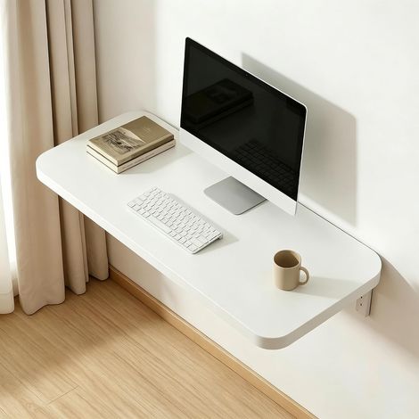 Table pliante murale, 80CM x 40 CM avec support en fer, bureau flottant pour les petits espaces, bureau a domicile, salle a manger, buanderie, cuisine, bar, blanc (1/5)