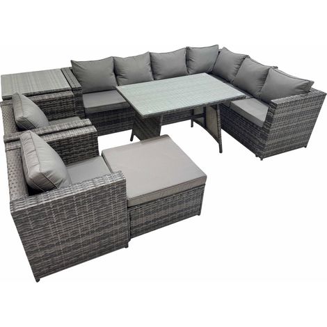 Fimous Rattan garden furniture Patio Furniture Sets with Dining Table Big Stool Side Table Dark Grey Mixed (1/5)
