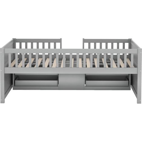 Lit mi-hauteur 90 x 200 cm gris avec 4 tiroirs, garde-corps et échelle en pin et MDF (1/5)