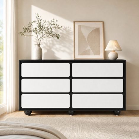 Comò a 6 cassetti 140 x 38 x 74,5 cm in pannelli di particelle bianco e nero DESVIAE (1/5)