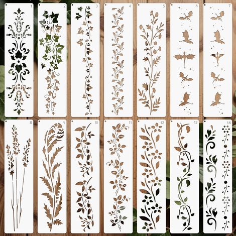 14pièces Pochoirs pour Peinture Réutilisable, 30x7.62cm Pochoir pour Dessin en Plastique Plantes Bricolage Bois Mur Maison Décor (1/5)