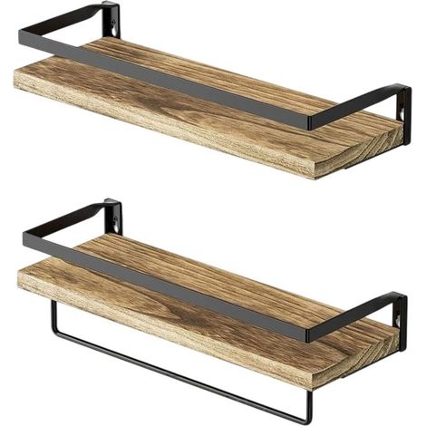 étagères murales 2 pcs bois & métal, anti-chute, tablette porte-serviette, style industriel, naturel/noir (1/5)