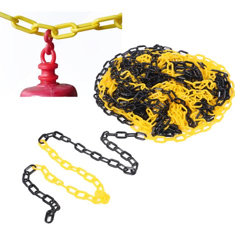 Chaîne de signalisation routière en plastique de 6 mm, chaîne d'avertissement, chaîne de sécurité, chaîne pour cônes de signalisation, chaîne de 25 m, chaîne pour garde-corps, noire et jaune. (1/5)