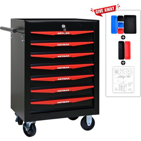 Armoire à outils mobile en métal avec 7 tiroirs, 508 mm (20 pouces), avec 7 tiroirs et glissières à billes, boîte à outils de rangement en acier – noir et rouge (1/4)