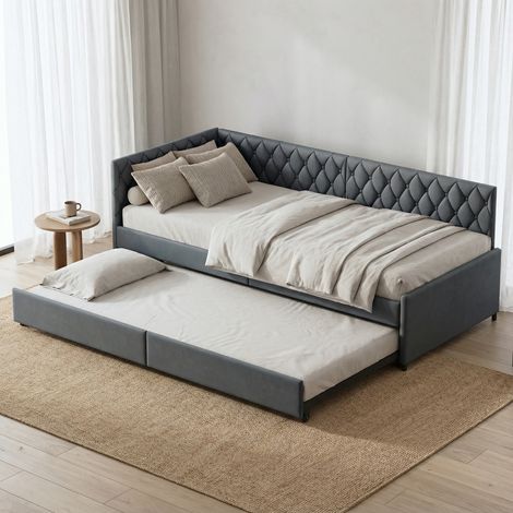 Lit Banquette Gigogne 90x200 cm en Velours Gris Foncé - Canapé-Lit Convertible avec Dossier Capitonné - Couchage Extensible 2 Places(90x200cm, Gris foncé)