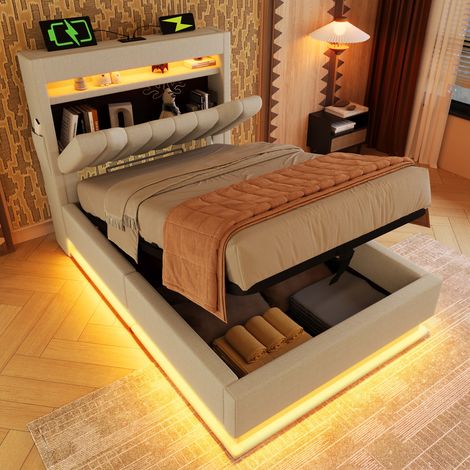 Lit coffre 90x200 cm avec tête de lit rangement USB Type-C, éclairage LED, sommier à lattes, lin beige(Sans matelas) (1/5)