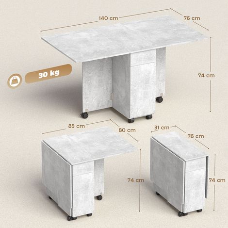 Table de salle à manger pliante (avec roulettes, 2 tiroirs, 2 portes et un placard), en bois, 140x76x74cm, gris ciment. (1/5)