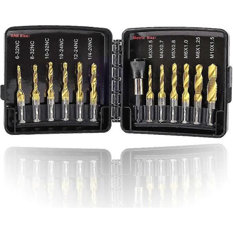 Jeu de 13 tarauds avec adaptateur à changement rapide, 6 tailles SAE, 6 tailles métriques, foret et taraud combinés. (1/5)