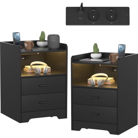 TolleTour 2er Set Nachttische auf 4 Rollen, RGB-Licht mit Musik- und Timerfunktion, 2 Schubladen, offenes Fach, 2 Steckdosen, USB, USB-C, Schwarz (1/5)