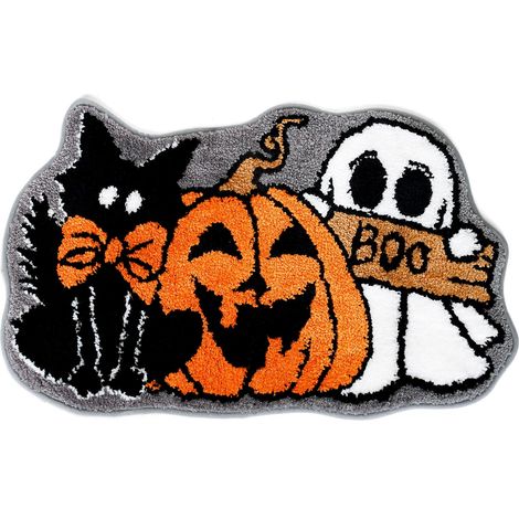 Tapis de sol Halloween forme personnalisée à motifs fantôme, citrouille et chat noir, moquette touffetée douce antidérapante lavable, tapis décor polyvalent pour salle de bain, cuisine, chambre, véran (1/5)