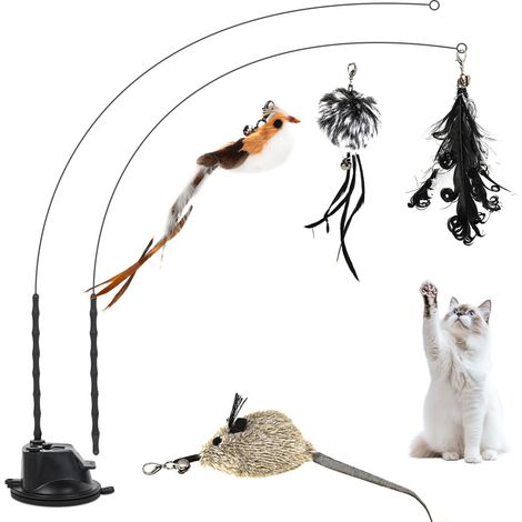 Jouet Chat, Noir 7 Pièces Jouets pour Chats Interactif, Interieur Jeu à Plumes avec Ventouse, 2 Canne à Pêche, 1 Oiseaux à Clochettes pour Chaton, Toys Accessoire Intelligence Chat Baguette (1/5)