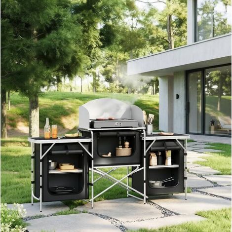 Cocina de camping plegable con almacenaje, 175 x 40 x 110 cm, negro (1/5)