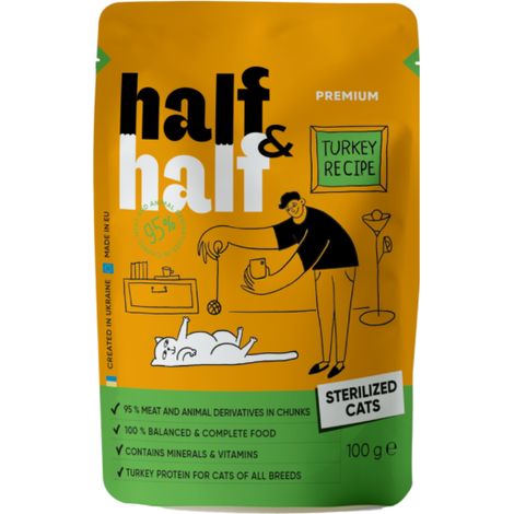 Aliment humide premium pour chat Half&Half, dinde stérilisée, 100 g (1/5)