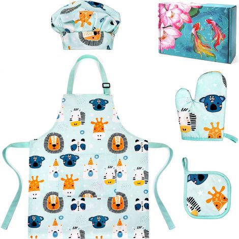 Ensemble tablier en coton et toque de chef pour enfants avec gant de cuisine et coussinet chaud, costume de chef pour enfant de 3 à 5 ans, pâtisserie, jardinage (1/5)