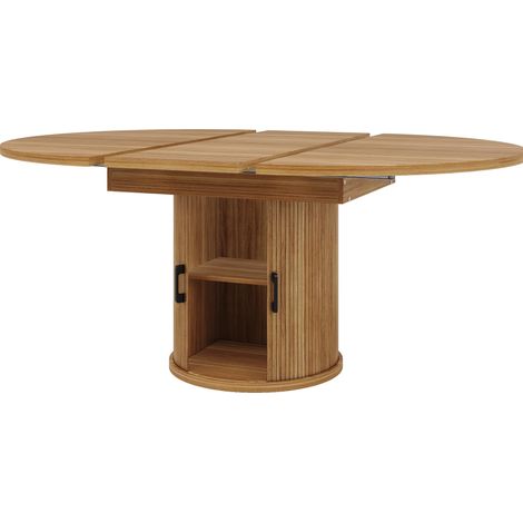 Mesa de comedor extensible redonda de MDF efecto nogal 118-158 cm con espacio de almacenaje (1/5)