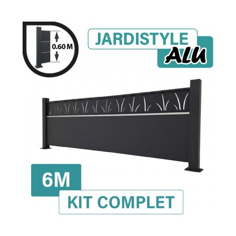Kit Clôture Aluminium Gris Anthracite 6M - Design Tahiti avec liseré - Sur Platines - 0,60 mètre