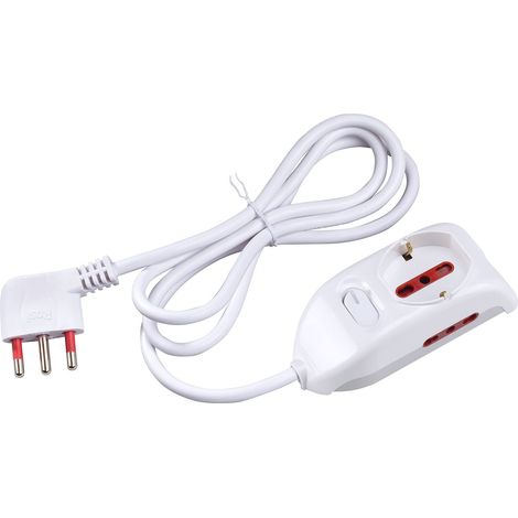 Multipresa con spina 16A piegata a 90°, 1 presa bipasso/schuko 10A/16A e 2 prese bipasso 10A/16A, cavo 1,5 metri, con interruttore, bianco, serie Emilia - Rosi RS94003 (1/2)