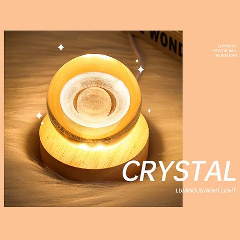 Lampe globe en cristal gravée en 3D, veilleuse boule de cristal lumineuse, lampe d'ambiance romantique avec socle en bois (1/5)
