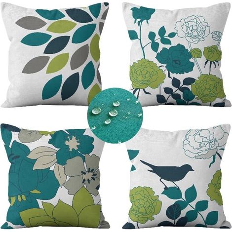 Lot de 4 housses de coussin d'extérieur (45 x 45 cm) imperméables à motif de fleurs et d'oiseaux bleus et verts pour canapé, terrasse, jardin, salon, chambre à coucher, décoration (1/4)
