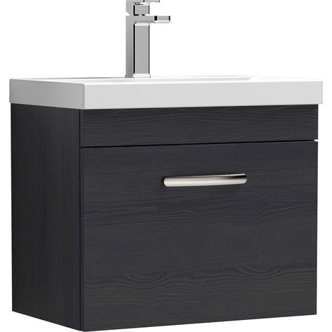 Nuie Athena Charcoal Black Woodgrain 600mm Wall Hung Single Drawer Vanity Unit and Mid Edge Ceramic Basin - ATH040A (1/5)