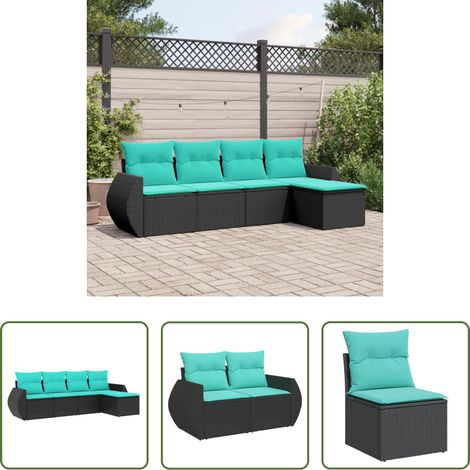 Gartenmöbel - 5-teiliges Gartensofa-Set mit Kissen, schwarzes Polyrattan (1/5)