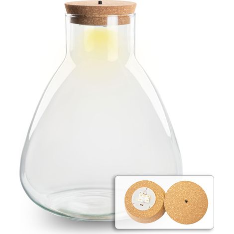 Terrarium en Verre Recyclé avec Bouchon Liège et LED Sam Ø 24,5 x 30 cm 6,5 L - PANGIVO (1/4)