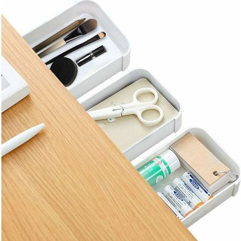 Organisateur de bureau caché 3 pièces pouRôtiroir auto-adhésif, tiroir de bureau de base pour étui à crayons, Boîte à stylos pouRôtiroir blanc, bureau caché pour table de bureau (1/5)
