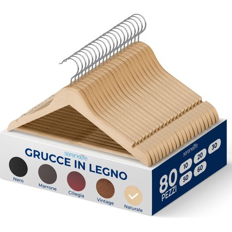 SereneLife Grucce Appendiabiti in Legno Massiccio, Stampelle Armadio Resistenti, Set da 80 Appendiabiti con Gancio Girevole a 360°, Design con Incavi, Colore Naturale (1/5)