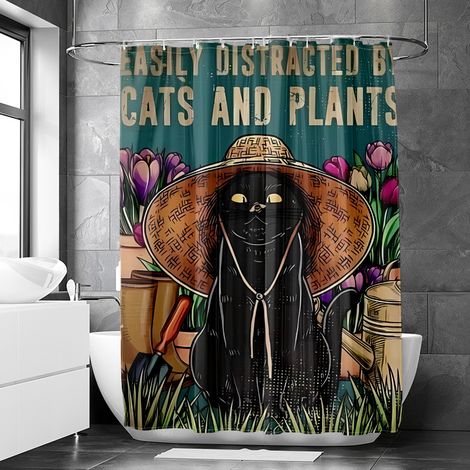Rideau de douche motif chat et chien vintage stylisé, rideau salle de bain imperméable, 90x180 cm (1/5)